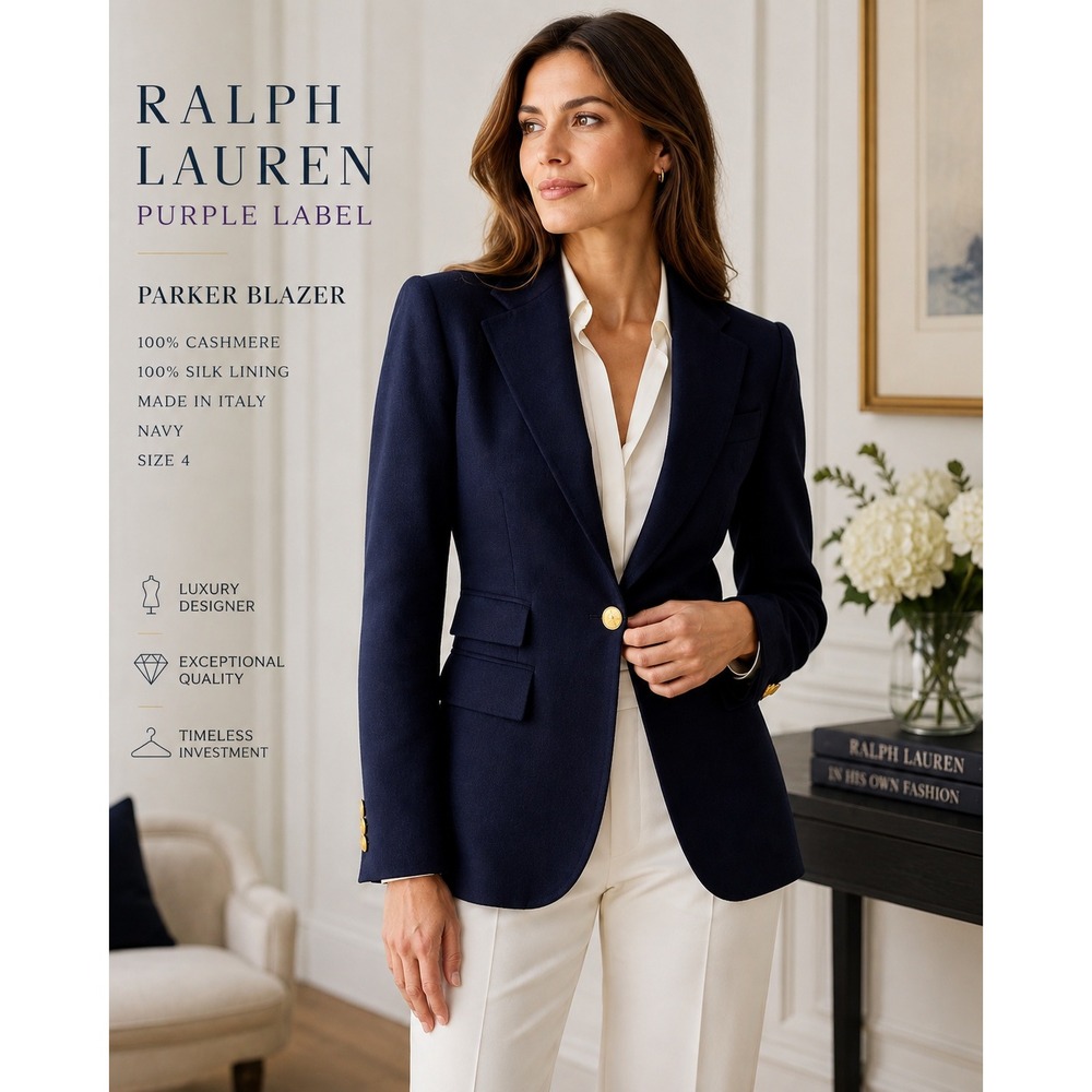 Ralph Lauren Purple Label Parker Cashmere Blazer Navy Silk‎ Lined Italy Size 4